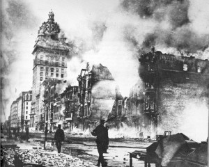 Fires rage throughout the destroyed City of San Francisco after the 1906 earthquake