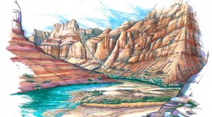 Artist's rendering of proposed ride across the face of the Grand Canyon from the top to the canyon floor