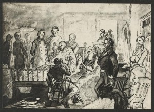 Drawing of President Abraham Lincoln’s deathbed scene by Hermann Faber who served as an artist for the Surgeon General. He made two drawings of the deathbed scene before the room was cleared.
