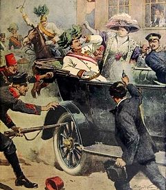 Newspaper illustration of the assasination of Arch Duke Franz Ferdinand of Austri and his wife Sophie