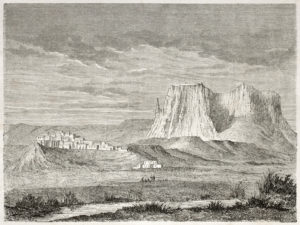 Old view of Zuni Pueblo drawn by Lancelot ad published Le Tour De Mond, Paris 1860